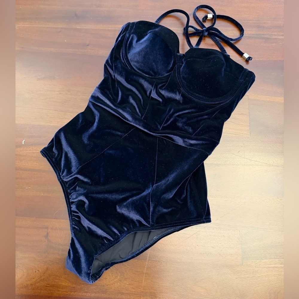 FLEUR DU MAL Midnight Velvet Balconette One Piece Swimsuit In Blue